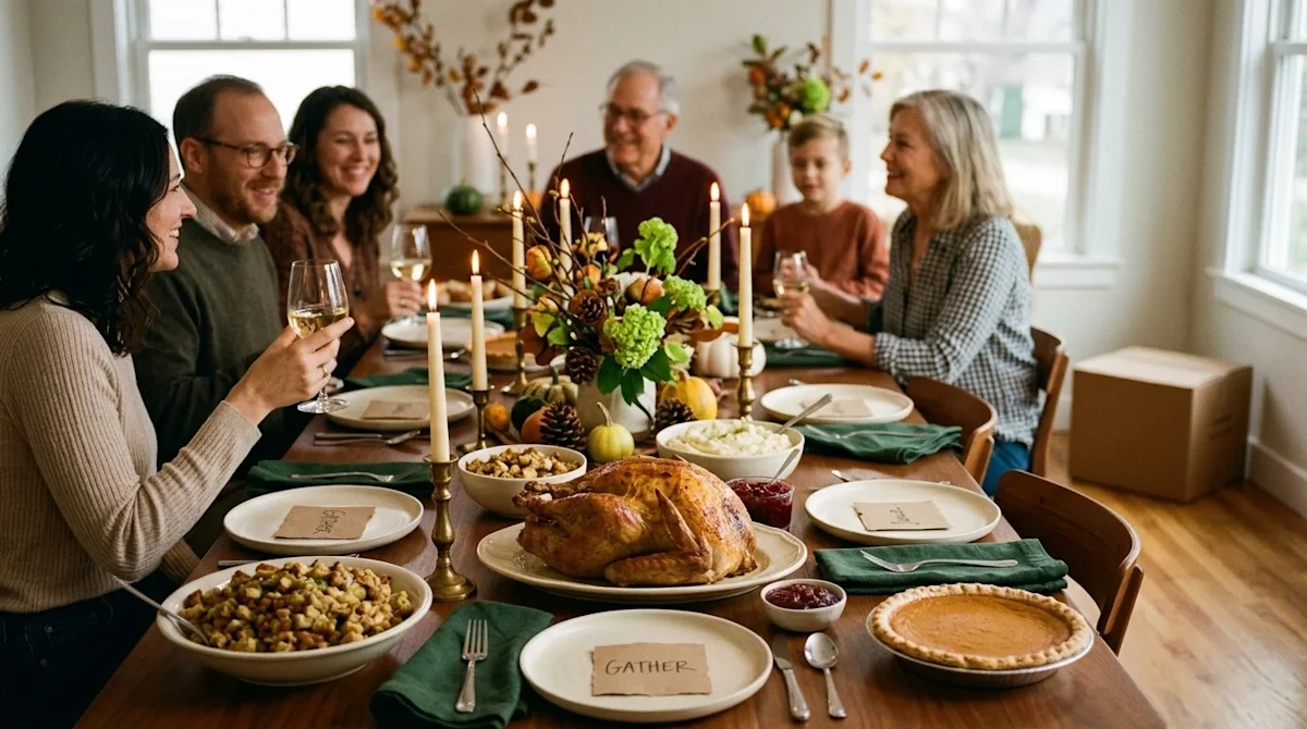 Candid lifestyle photography of a warm, inviting Thanksgiving dinner party in a cozy dining room. A wooden dining table is ri