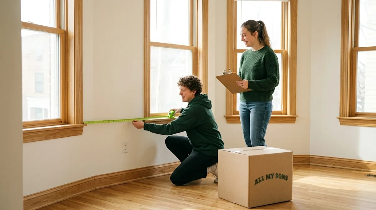 Candid, authentic lifestyle photography of a smiling young couple preparing an empty, bright new living room for moving day.