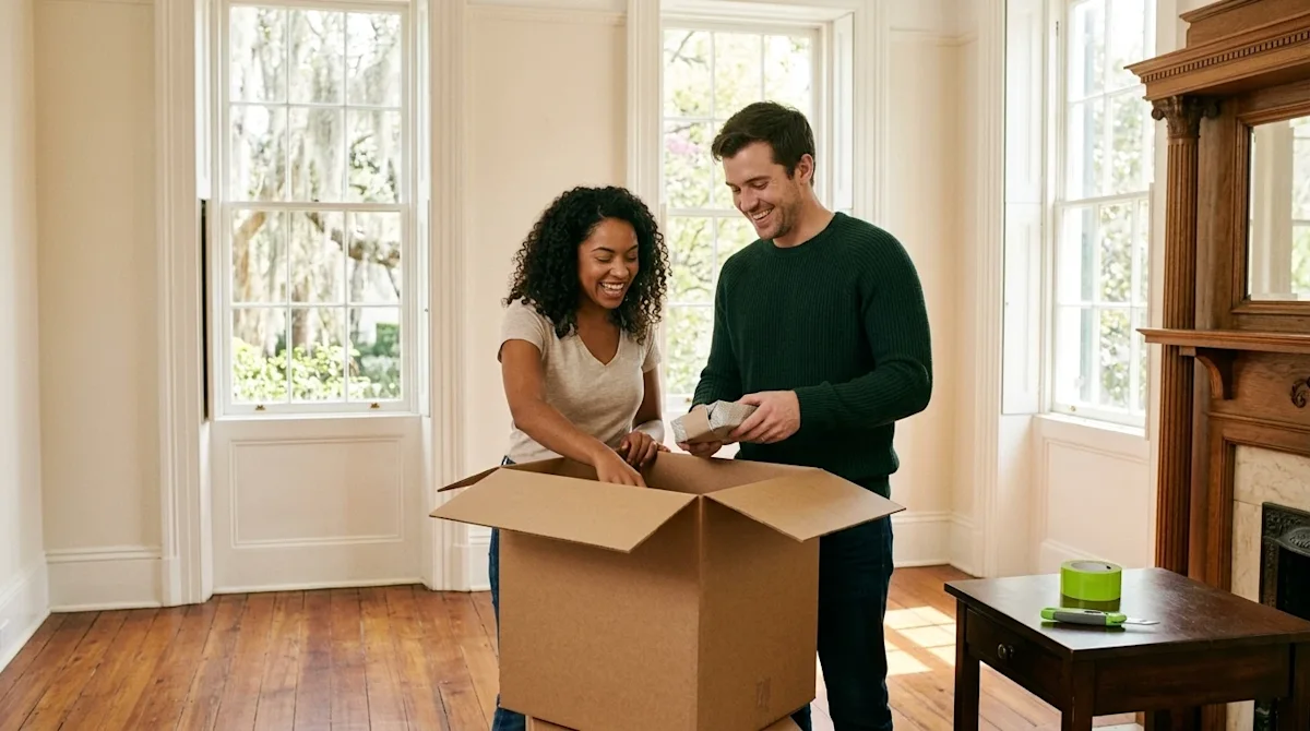 A candid lifestyle photograph of a smiling couple unpacking a standard cardboard moving box in the bright, sunlit living room
