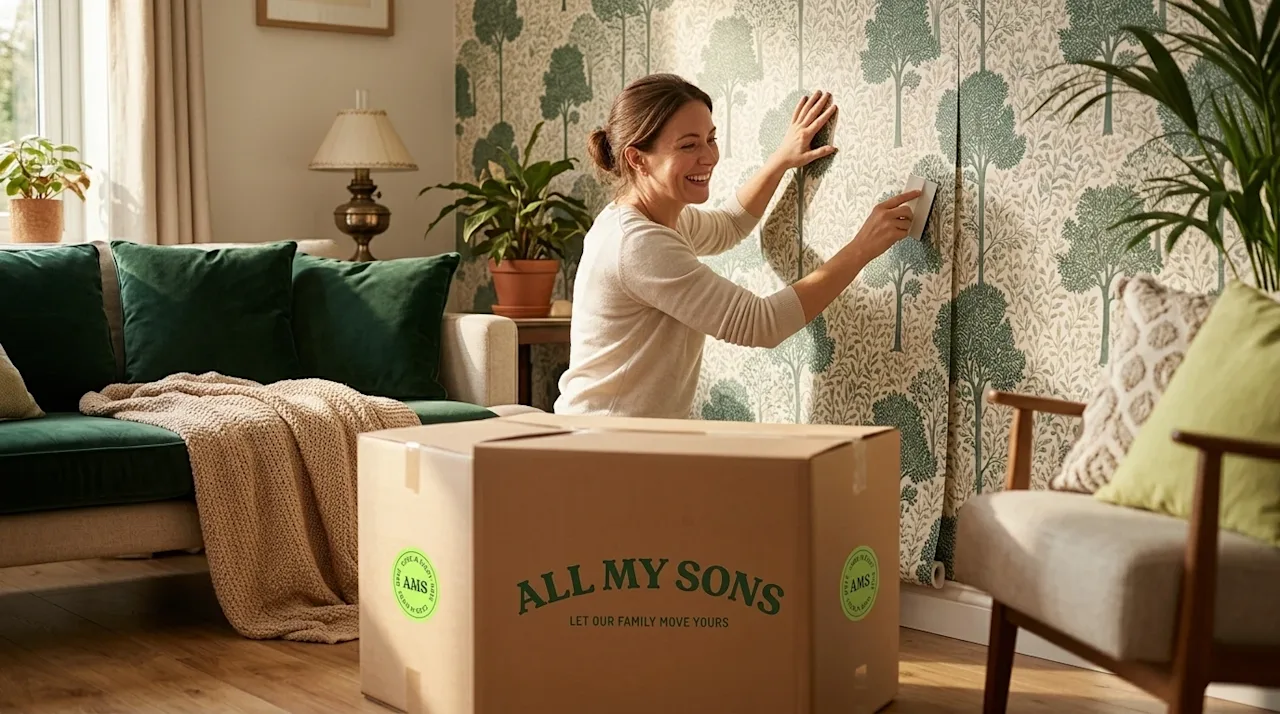 High-quality lifestyle photography of a warm, inviting home interior. A smiling woman is happily applying a stylish, temporar