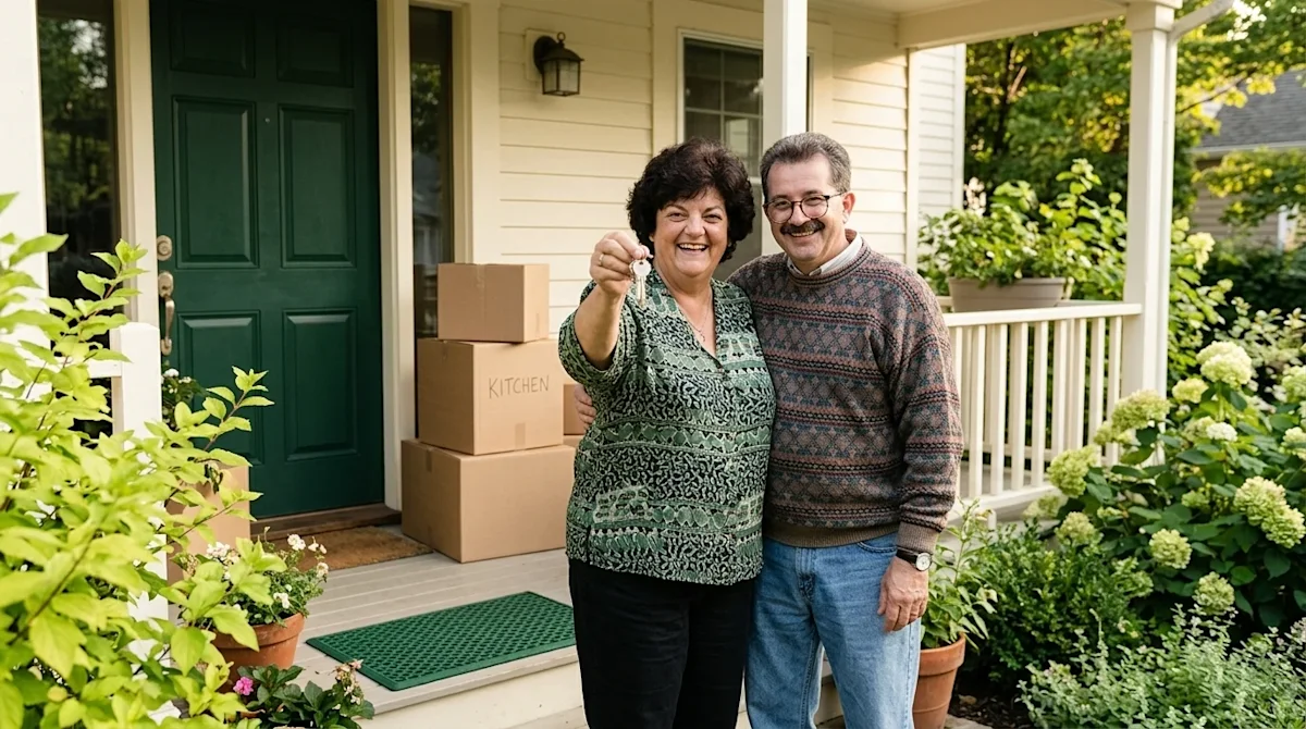 Clear, professional marketing photography of a happy couple standing on the front porch of their new home, celebrating the mi
