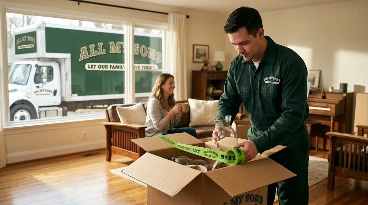 A candid, high-quality 35mm film photograph capturing the ease of full-service moving. Inside a warm, sunlit home with hardwo
