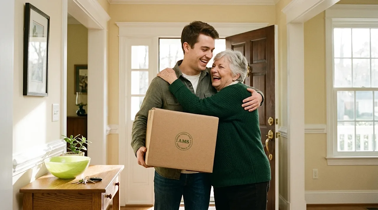 Professional marketing photography, warm and candid 35mm film aesthetic. A young adult and an older family member sharing a j