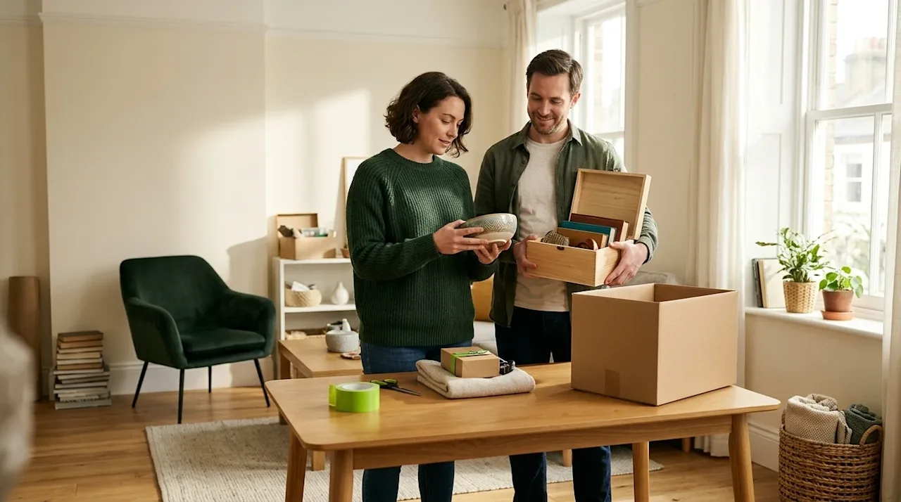 Professional lifestyle marketing photography of an adult couple thoughtfully sorting through household belongings in a bright