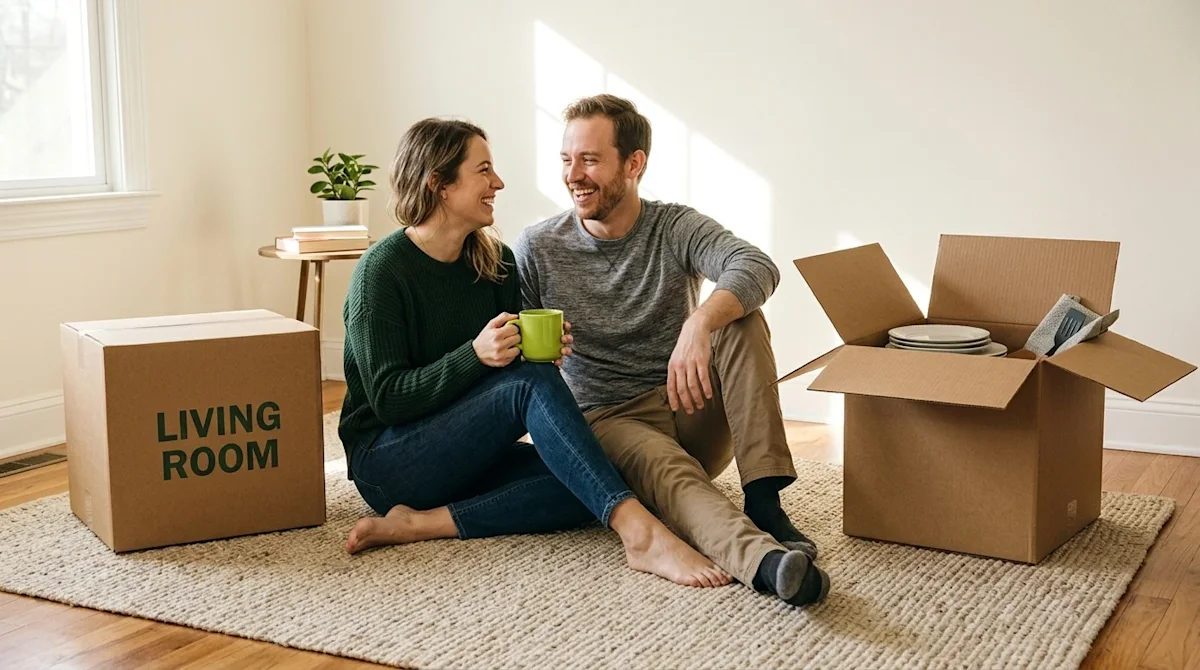 Professional marketing photography of a happy couple relaxing on the warm wood floor of their bright new living room, celebra