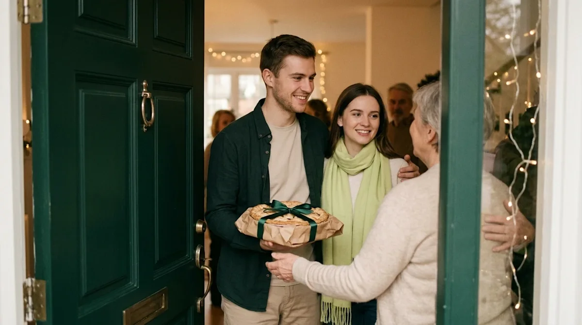 A candid, heartwarming lifestyle photograph of a family arriving at a cozy home for a holiday gathering. A smiling young coup