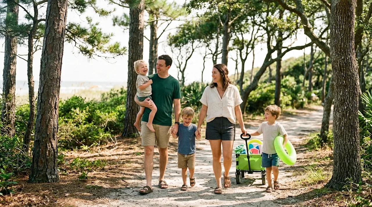 A candid, lifestyle photograph of a happy family walking together along a sunlit, sandy path framed by coastal pine trees at Myrtle Beach State Park.