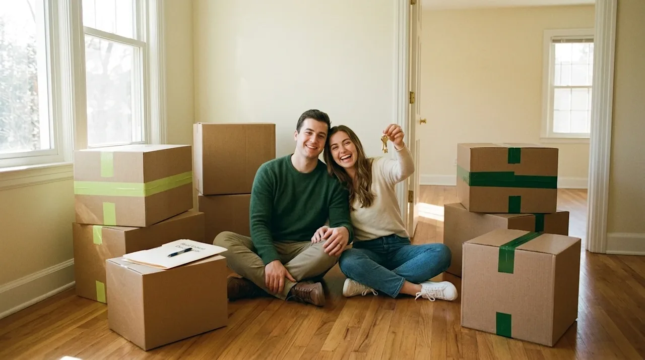 A candid, documentary-style photograph of a joyful young couple sitting on the hardwood floor of their empty new home, celebr