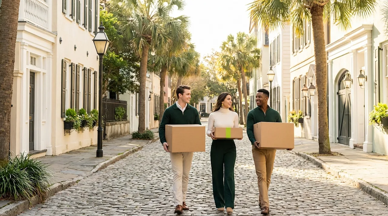 Young professionals carrying moving boxes down a sunny cobblestone street in historic Charleston.
