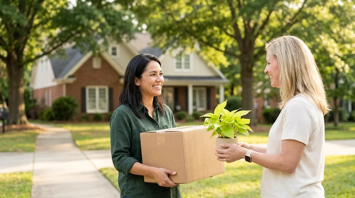 Professional marketing photography of a warm, friendly introduction between two neighbors on a sunny, tree-lined suburban sid