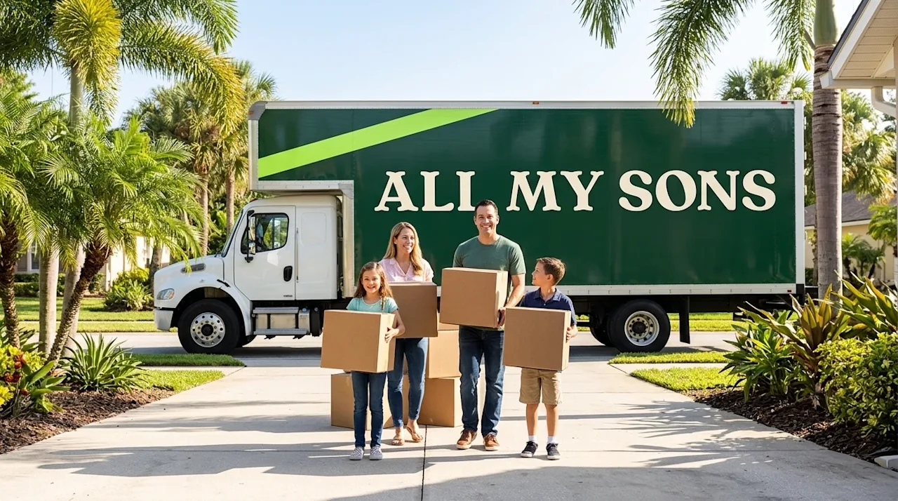 A high-quality, professional lifestyle photograph representing moving to Jacksonville, Florida. In the foreground, a smiling