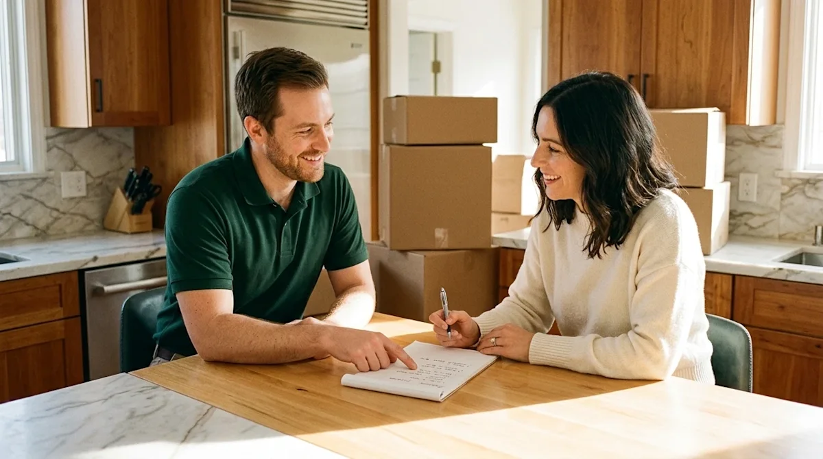 High-quality, warm lifestyle photography of a friendly moving consultant answering questions for a homeowner. The consultant,