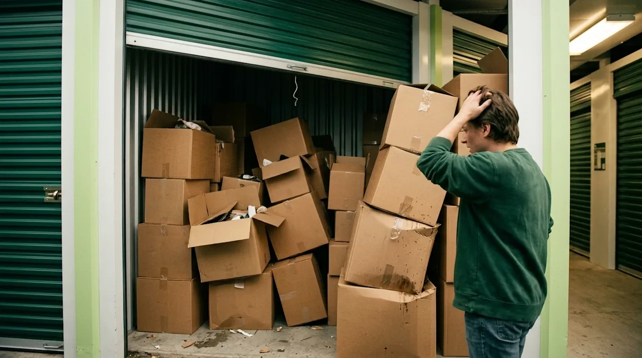 A realistic lifestyle photograph illustrating common self-storage mistakes. The scene shows the interior of an open self-stor
