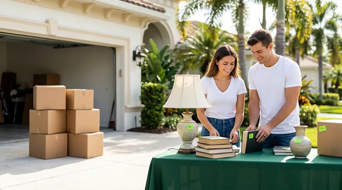 Professional marketing photography of a bright, sunny yard sale taking place in the driveway of a beautiful residential home,