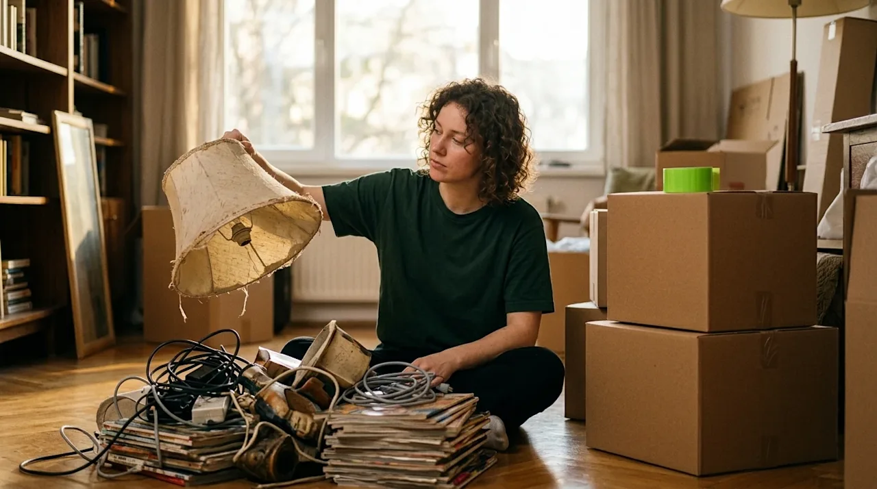 Candid lifestyle photography, medium shot of a person sitting on the floor of a warmly lit, slightly dusty living room, sorti