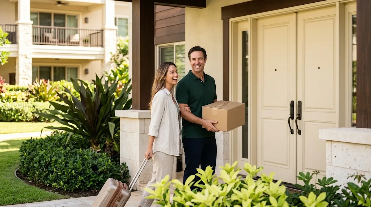 Clear, professional marketing photography of a happy, relaxed couple arriving at the welcoming entrance of a sunny, upscale v