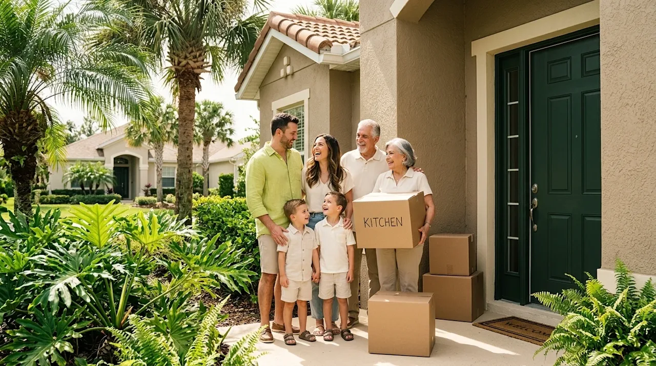 Candid lifestyle photography of a joyful family standing together on the sunlit front porch of a beautiful, welcoming home in