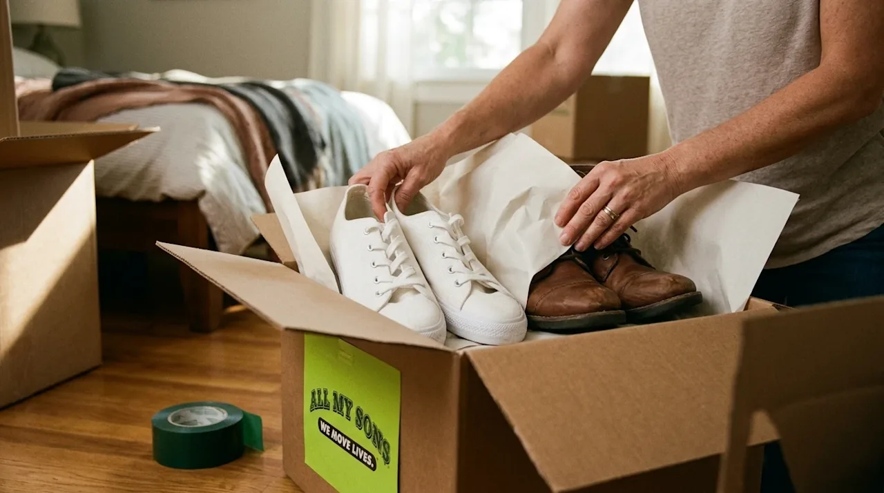 Candid lifestyle photography of a person carefully packing various pairs of shoes into a brown cardboard moving box. Close-up