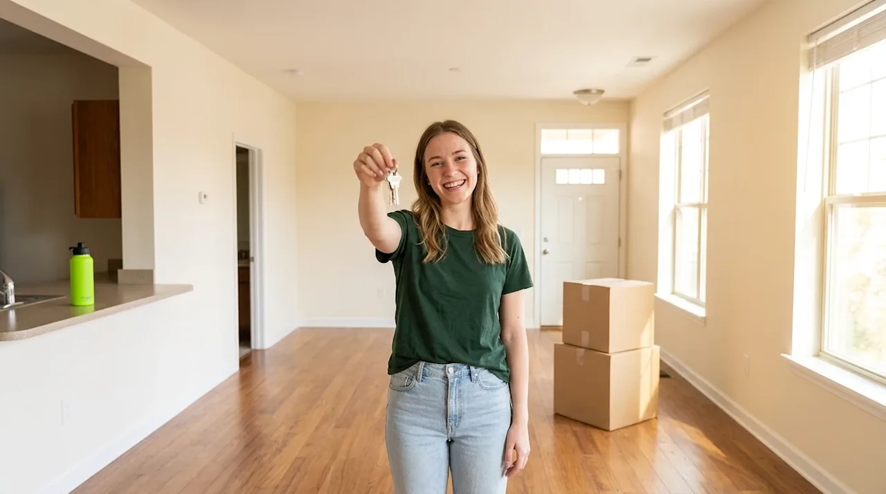 A happy person holding house keys in a bright, clean, empty apartment after a successful move with stacked cardboard boxes.