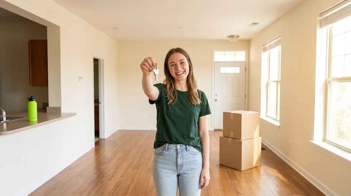 A happy person holding house keys in a bright, clean, empty apartment after a successful move with stacked cardboard boxes.