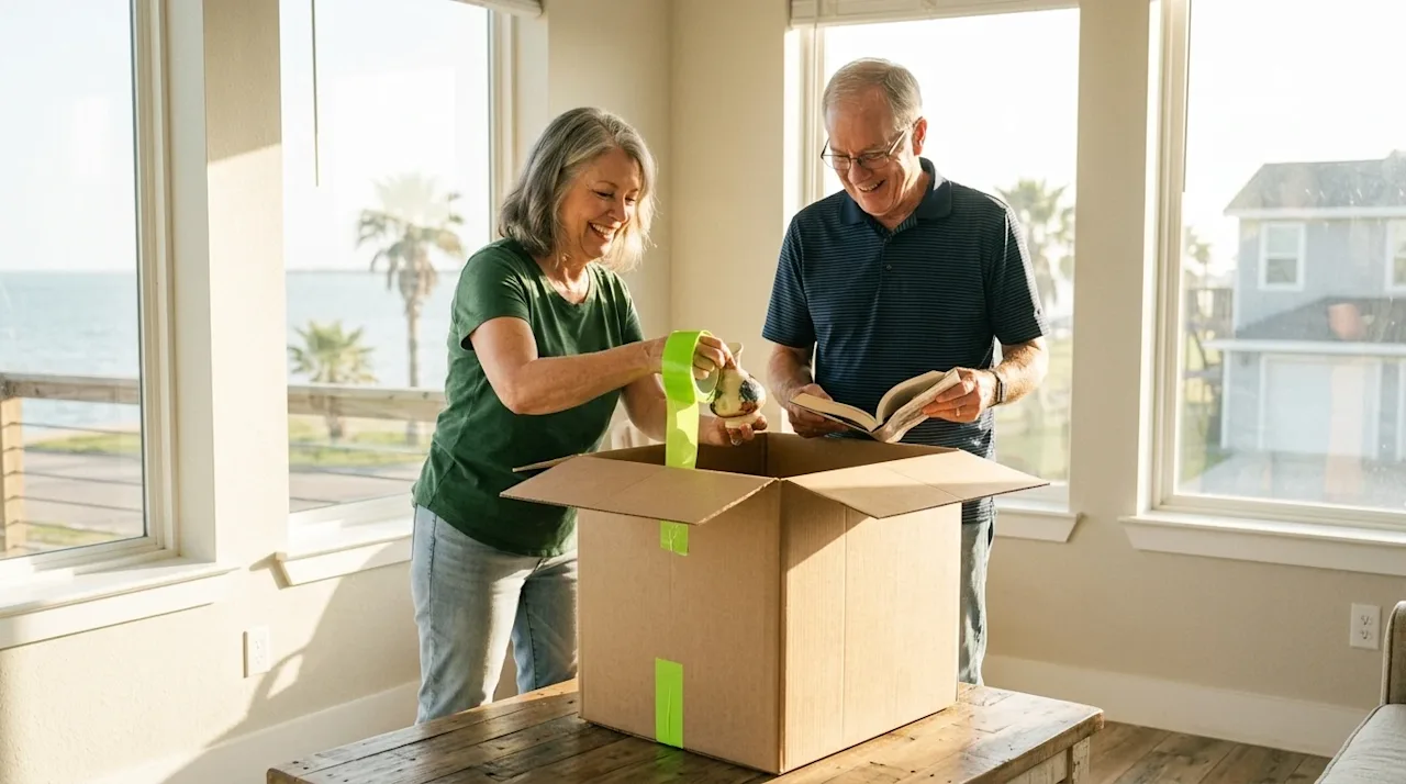 Authentic documentary-style lifestyle photography of a cheerful retired couple in their late 60s unpacking a sturdy cardboard