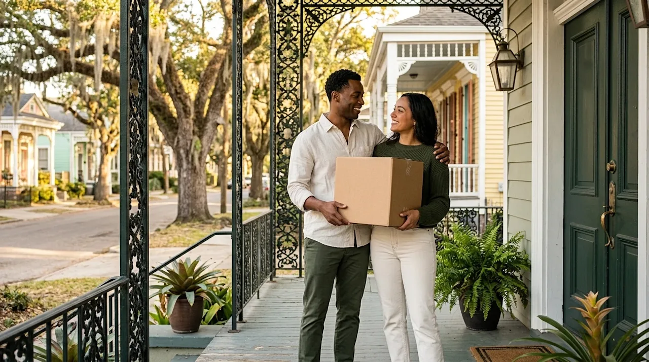Professional marketing photography of a happy couple standing on the charming front porch of a historic New Orleans shotgun home.