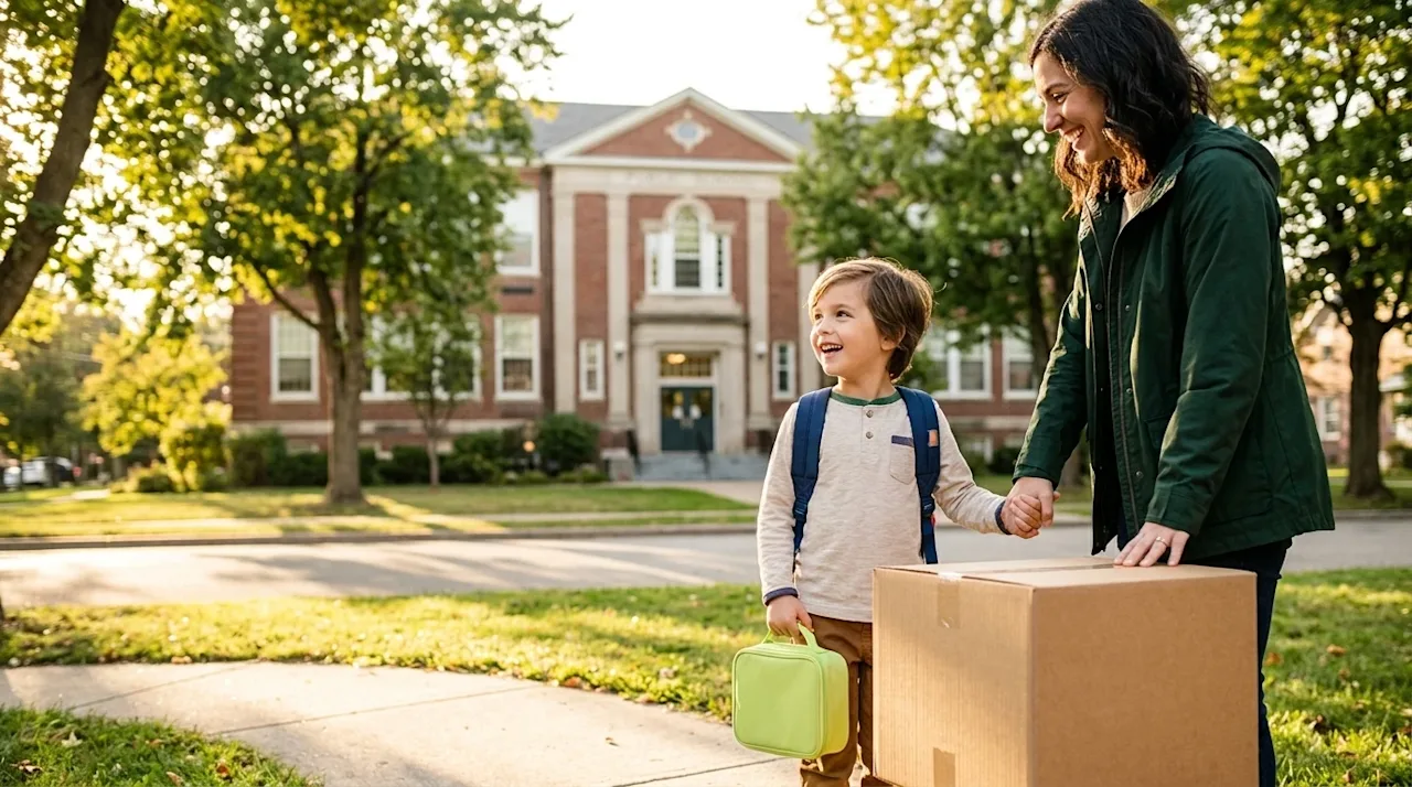 Candid lifestyle photography of a happy family transitioning to a new neighborhood. A smiling young child wearing a backpack