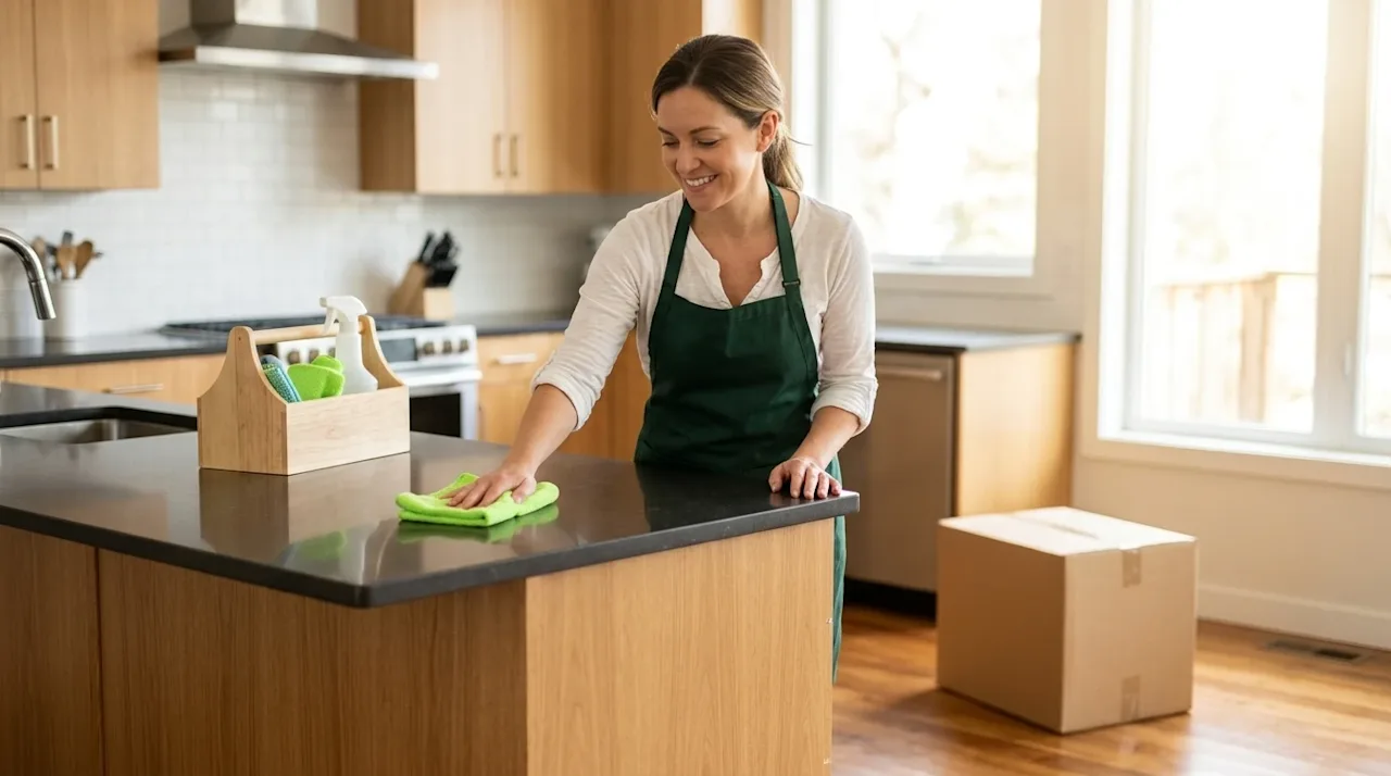 Professional marketing photography of a smiling, relaxed woman effortlessly wiping down a sparkling clean, modern wood kitche