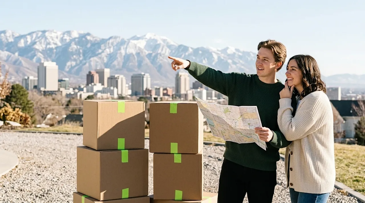 A photorealistic, high-quality lifestyle photograph of a smiling couple taking a break during their move, standing outdoors n