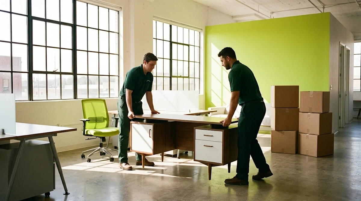 A high-quality, candid-style photograph capturing a smooth and stress-free office relocation in a bright, modern commercial s