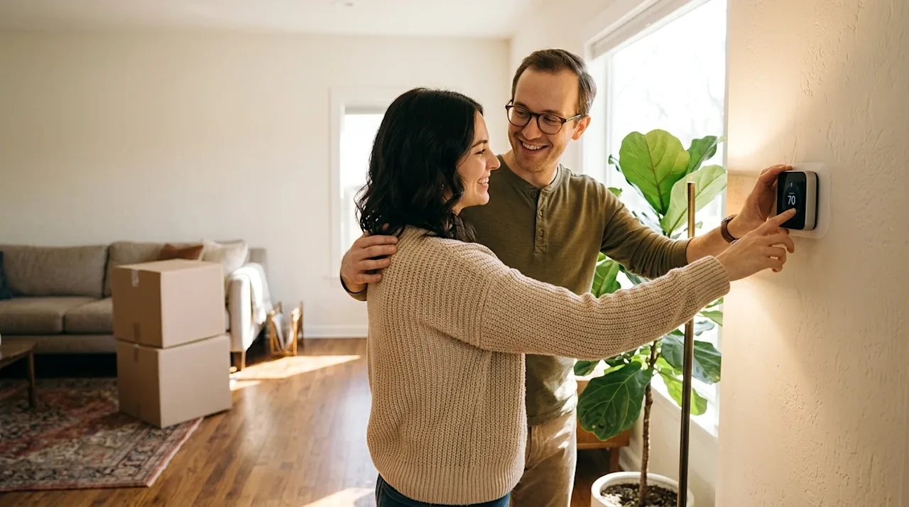 Authentic lifestyle photography of a happy young couple in the cozy living room of their new home. They are smiling warmly as