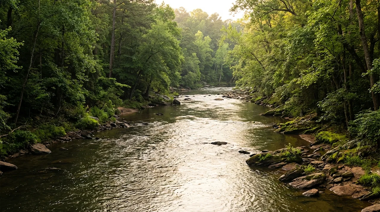 Scenic view of the Chattahoochee River in Atlanta with lush forest banks and earthy river rocks.