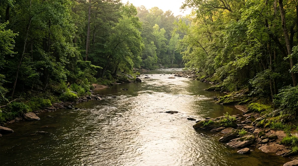 Scenic view of the Chattahoochee River in Atlanta with lush forest banks and earthy river rocks.
