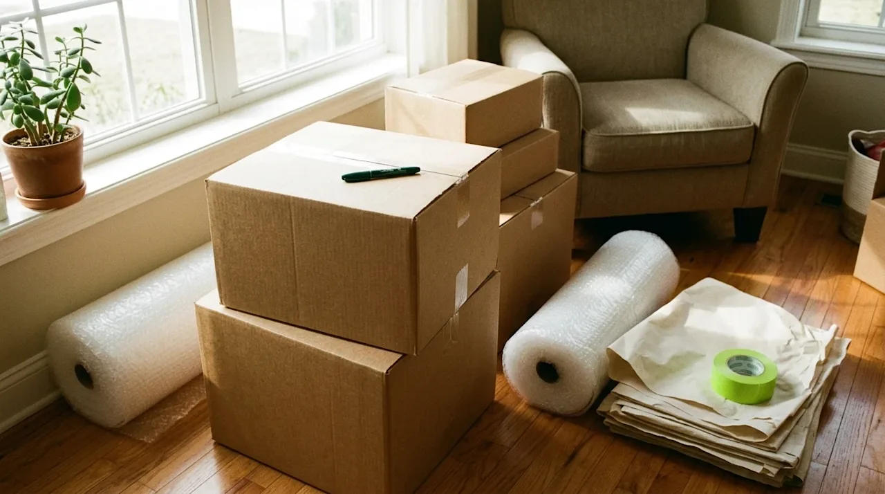 A warm, nostalgic, 35mm film style candid lifestyle photograph showing a collection of essential packing supplies gathered in