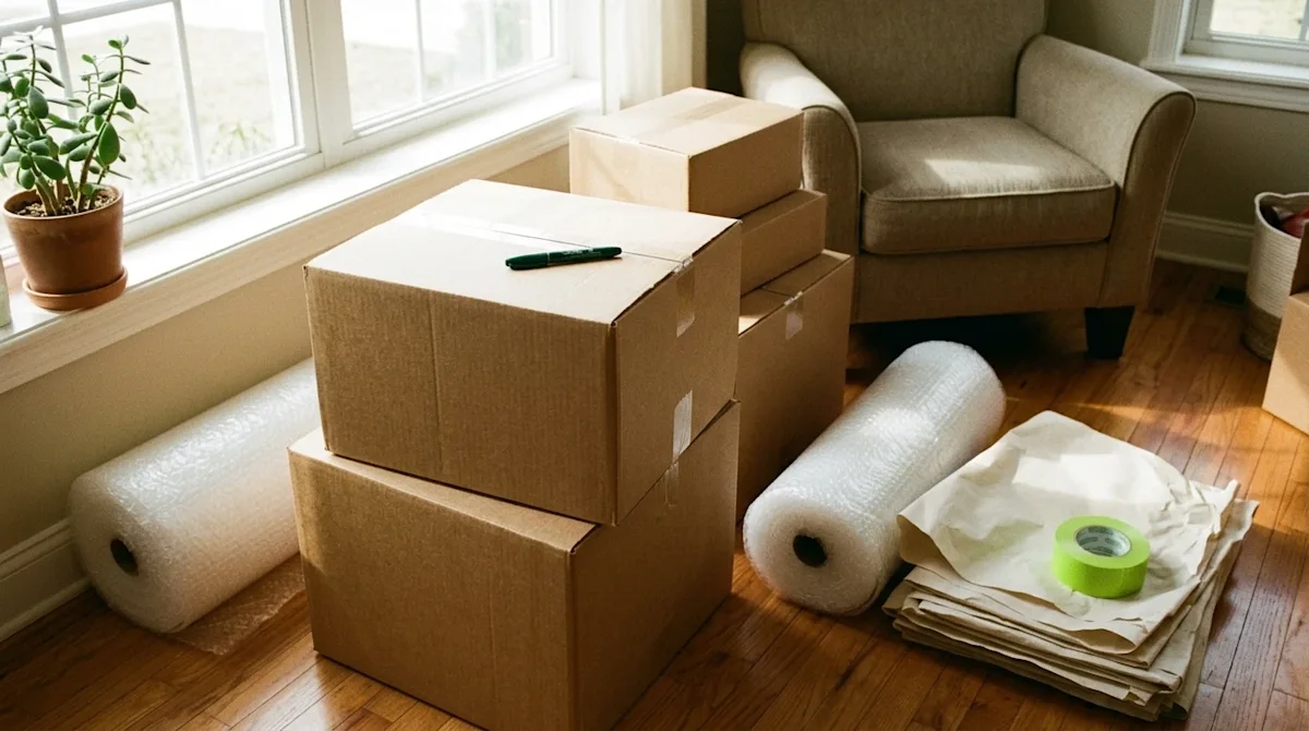 A warm, nostalgic, 35mm film style candid lifestyle photograph showing a collection of essential packing supplies gathered in