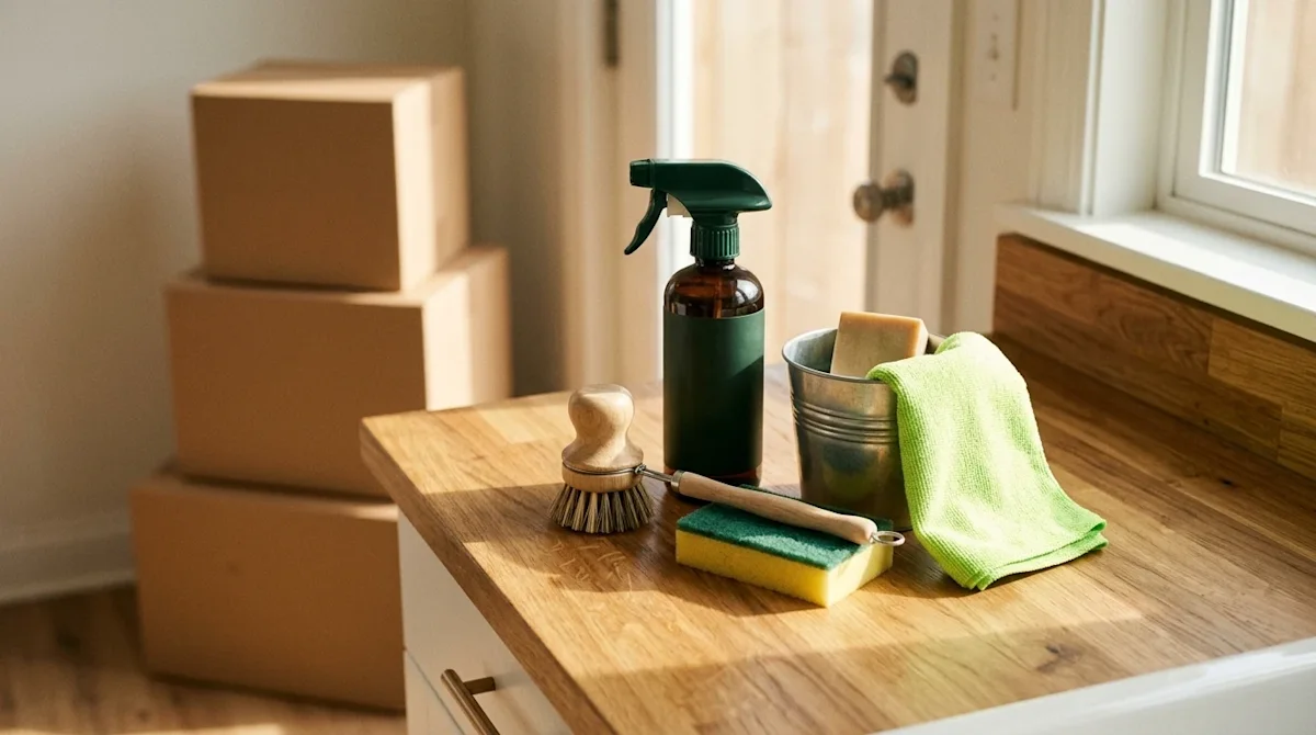 A warm, lifestyle photography shot of moving-day cleaning essentials elegantly arranged on a sunlit wooden kitchen counter. T