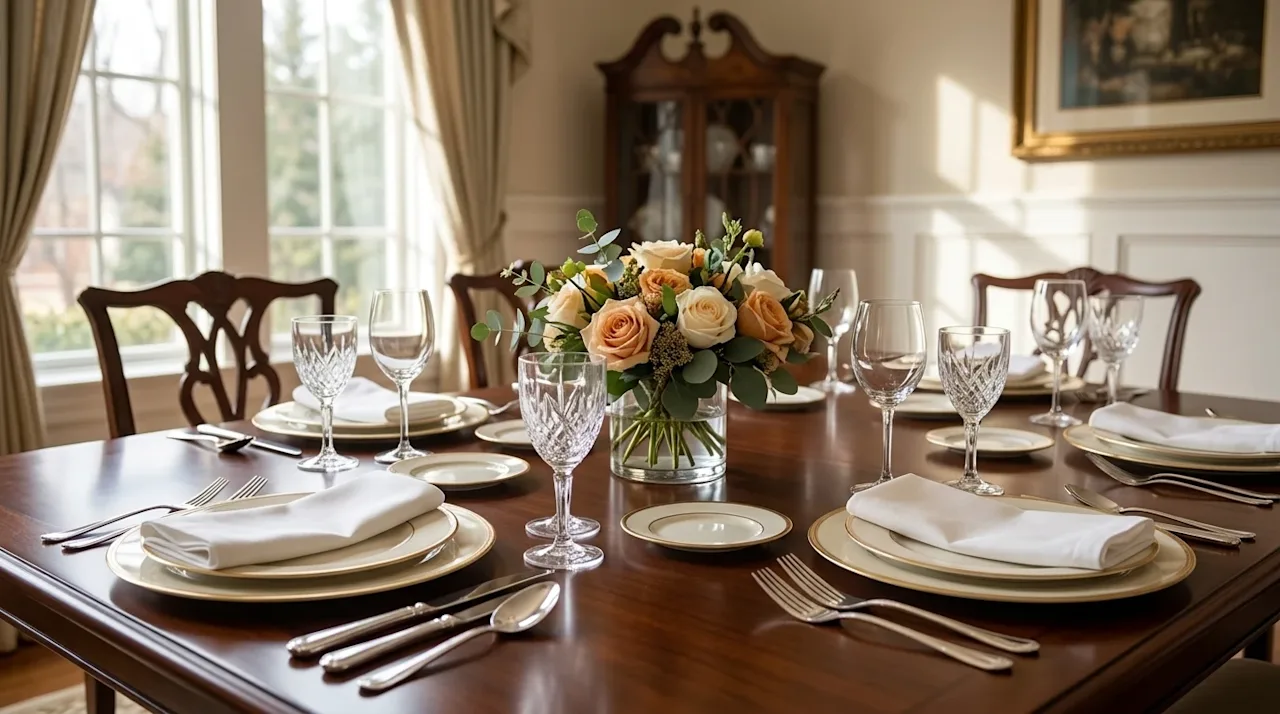 Professional interior photography of an elegant formal dinner table setting in a beautifully decorated dining room. A polishe