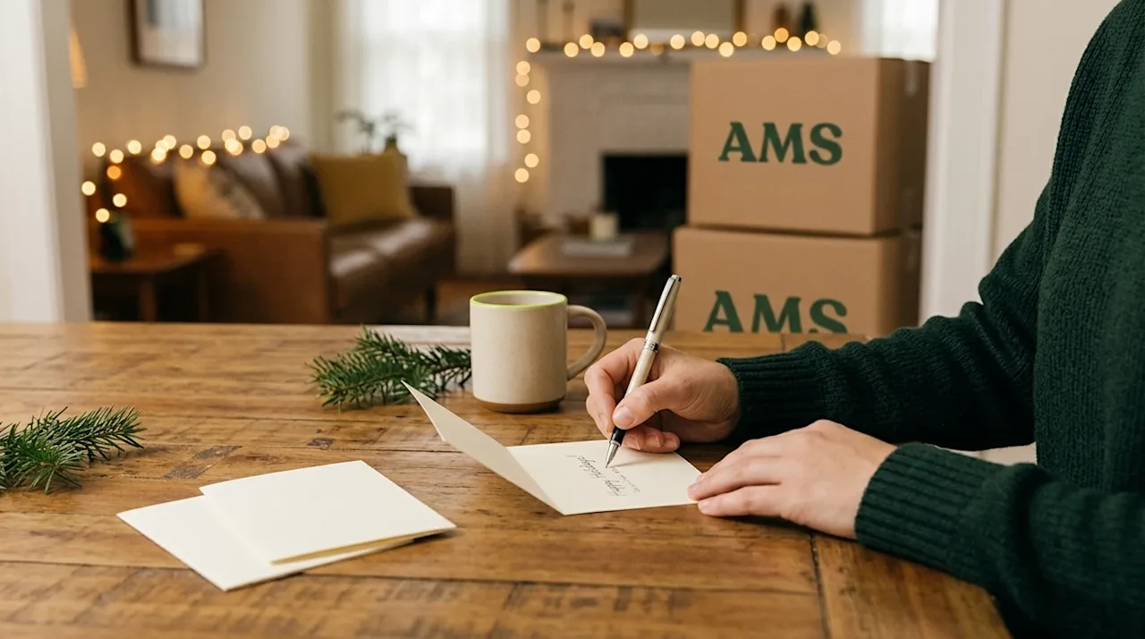 Professional marketing photography of a cozy lifestyle scene. A close-up of a person's hands writing a holiday greeting card