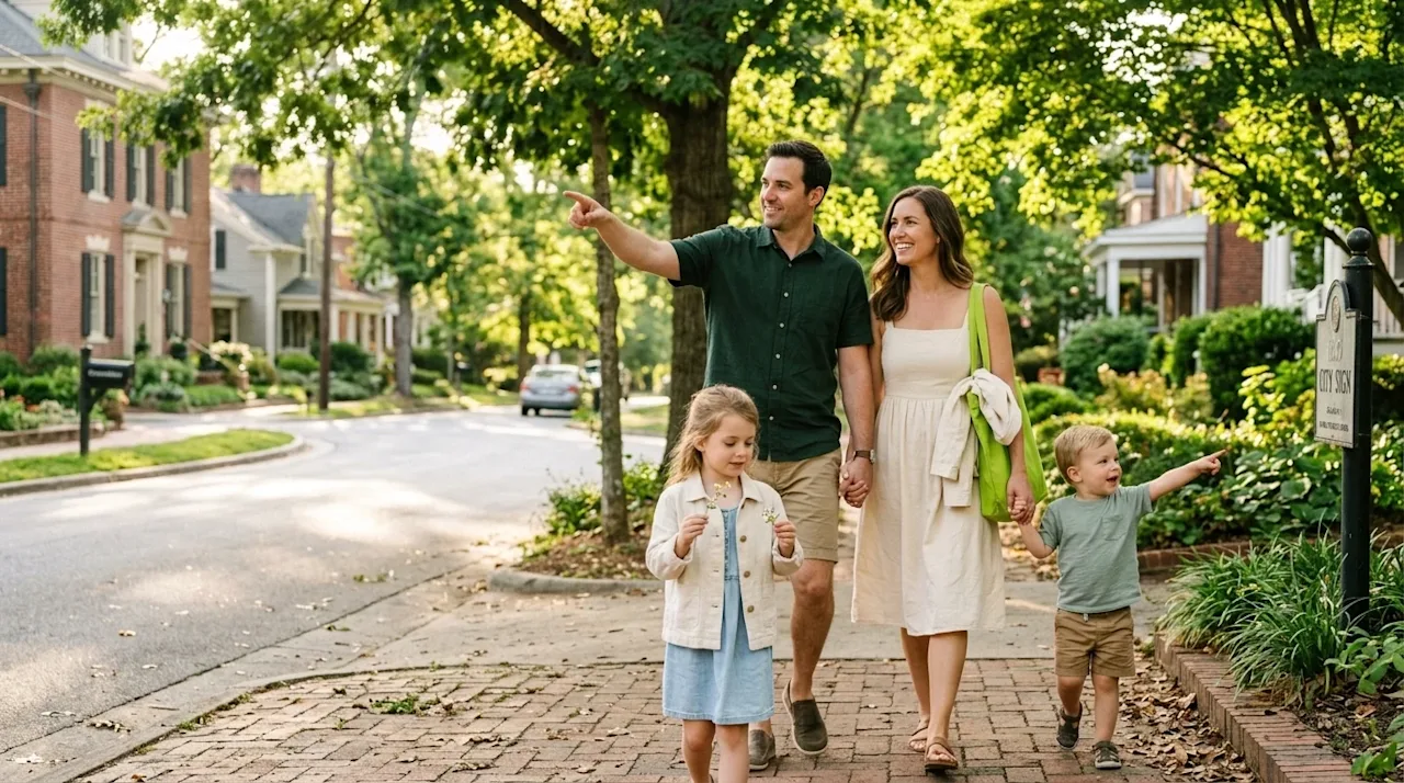 Clear and professional marketing photography of a happy, relaxed family walking down a charming, sun-dappled, tree-lined side