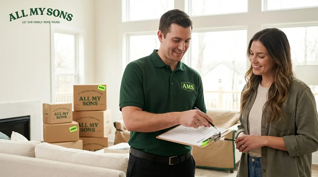 All My Sons professional mover reviewing a checklist with a homeowner during a residential moving consultation.