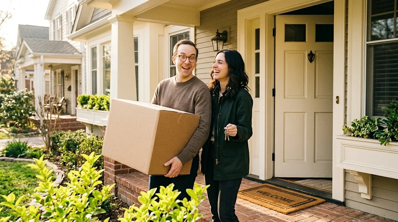 Candid lifestyle photography of a joyful couple arriving on the sunlit front porch of their new home, symbolizing relocation