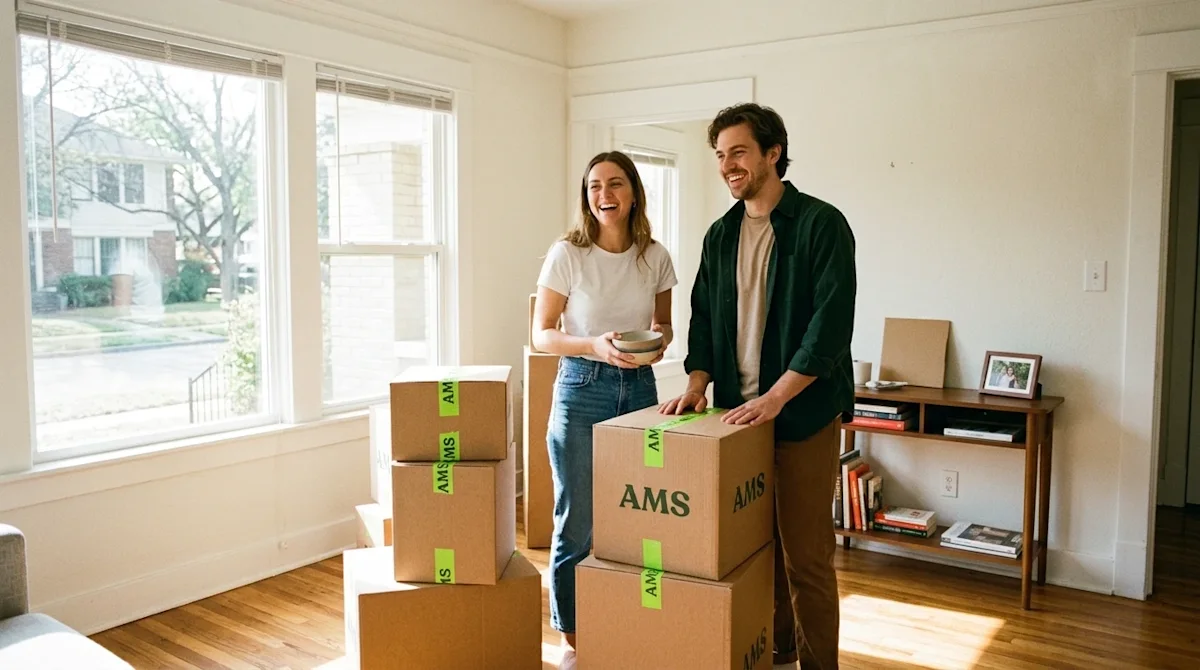 A candid, authentic lifestyle photograph of a happy young couple standing in the bright, airy living room of their first apar