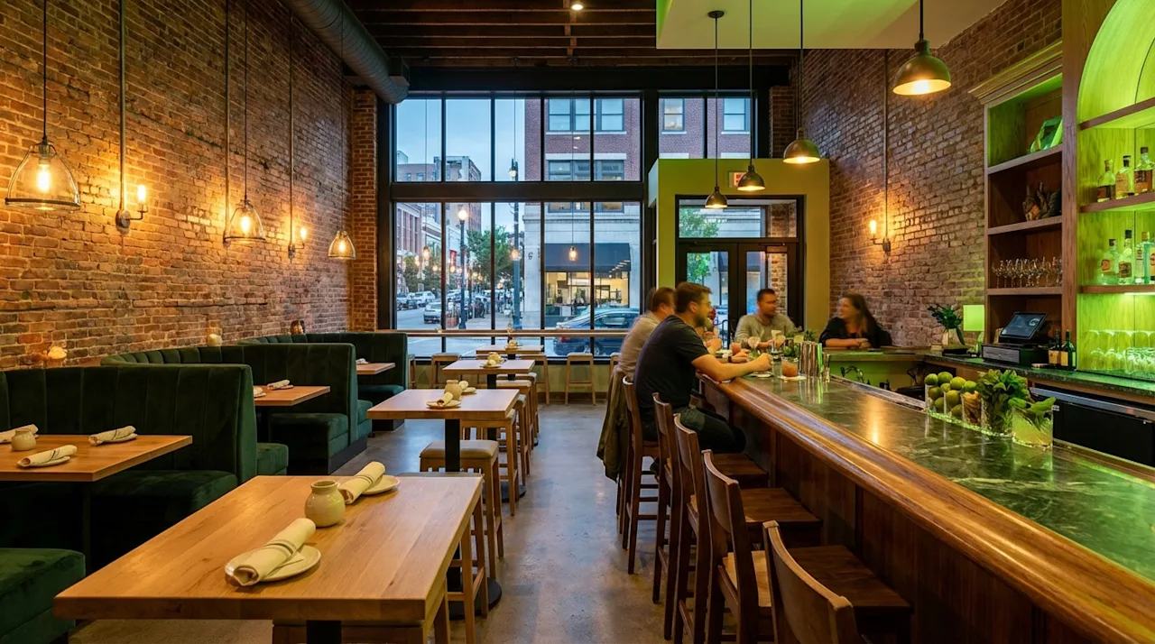 Industrial-chic bar interior in Birmingham featuring forest green velvet booths, brick walls, and warm ambient lighting.