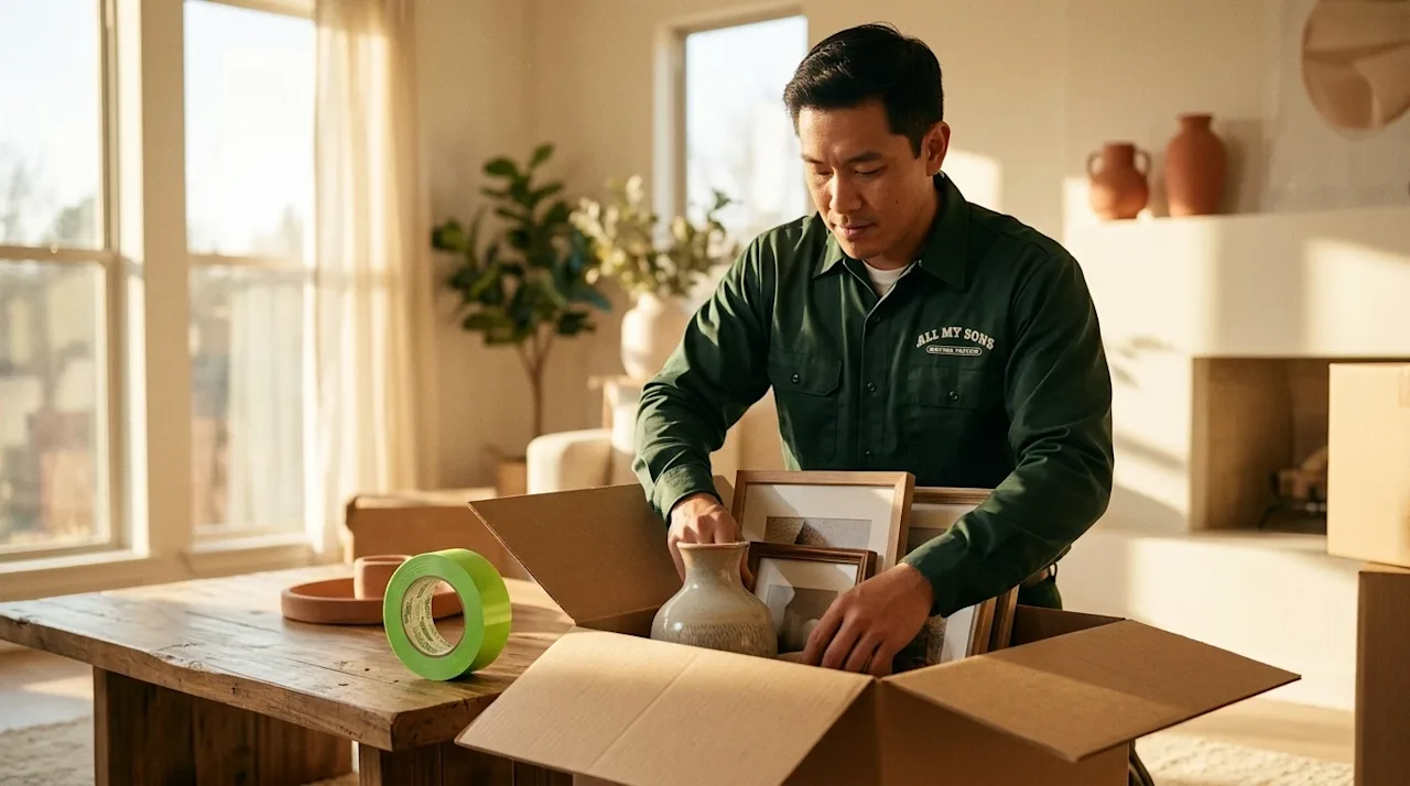 Candid, warm lifestyle photography of a professional mover carefully packing household items into a sturdy kraft brown moving