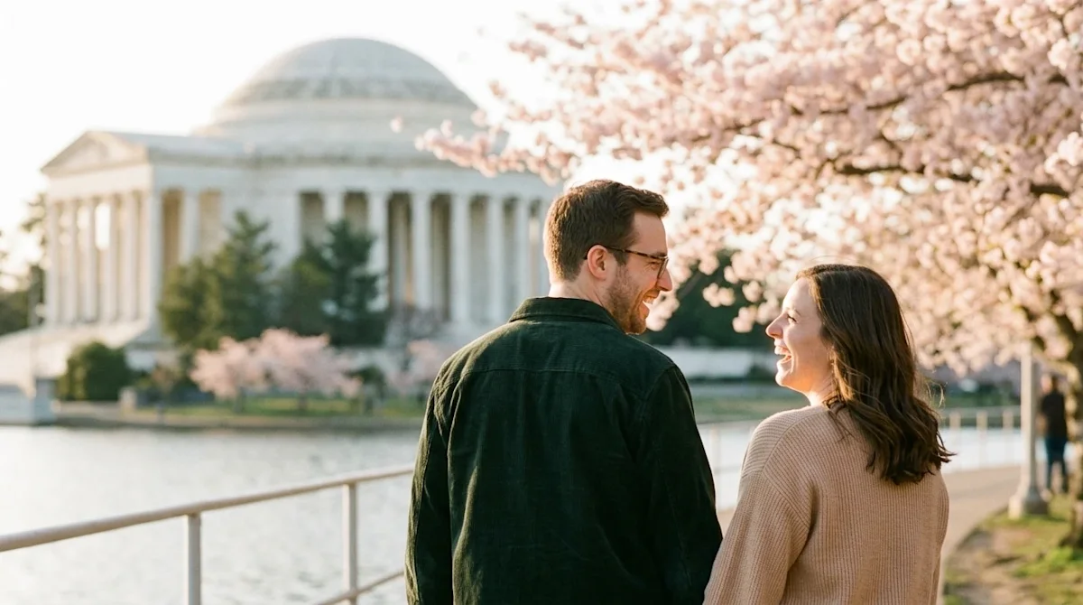 A high-quality, candid lifestyle photograph of a happy couple taking in the sights near the Jefferson Memorial and blooming c