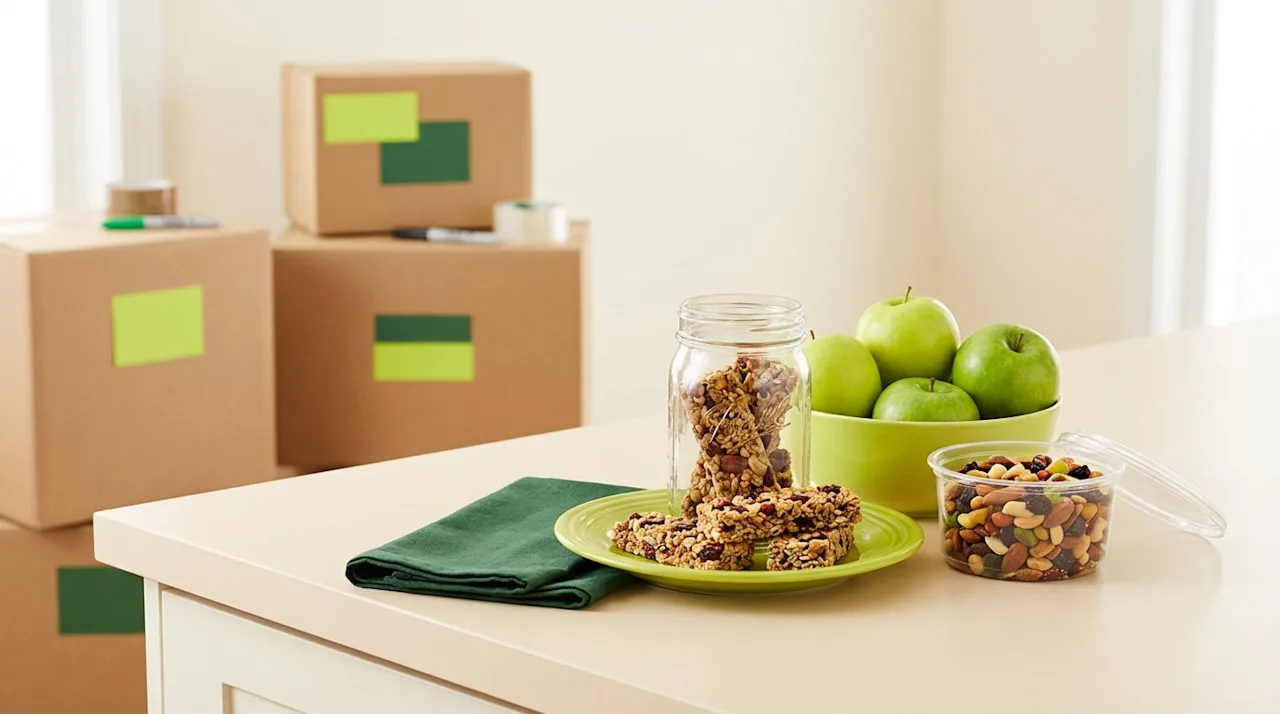 Healthy moving day snacks including green apples, granola bars, and trail mix set against stacked boxes.