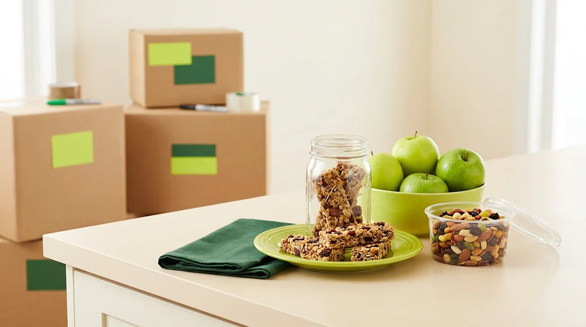 Healthy moving day snacks including green apples, granola bars, and trail mix set against stacked boxes.