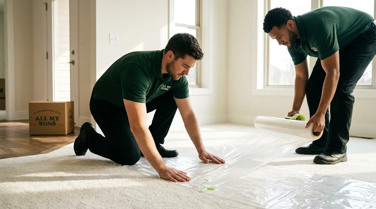 Professional marketing photography, warm candid lifestyle film aesthetic. Two professional movers wearing deep forest green p