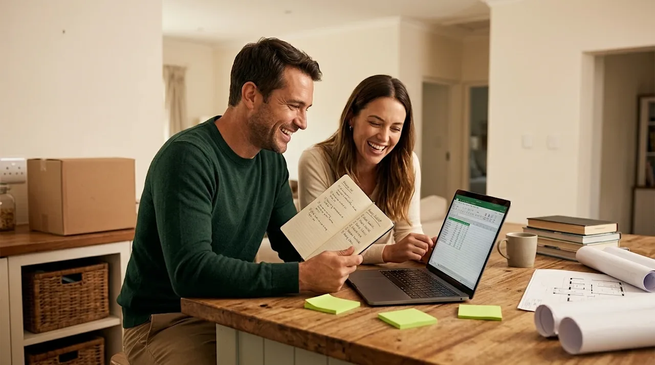 Professional marketing photography, a candid slice-of-life scene of a smiling couple planning their upcoming move. They are s
