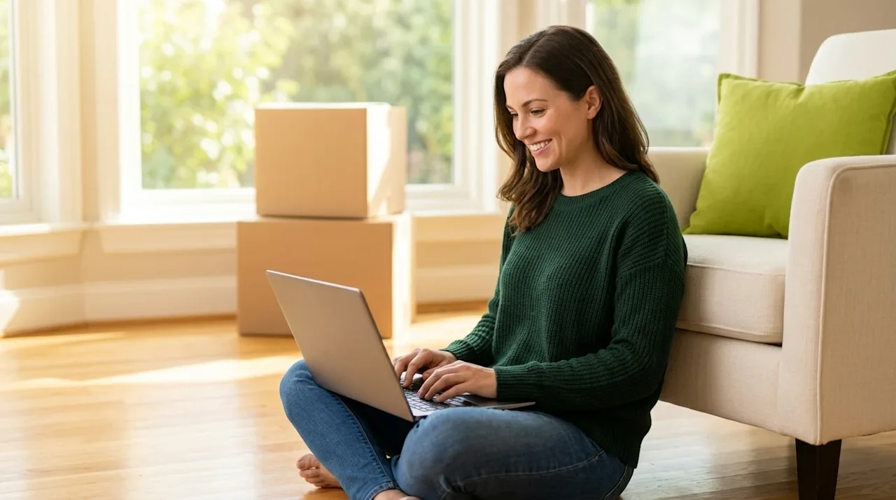 Clear, professional marketing photography of a smiling woman sitting on the light hardwood floor of a sunlit, welcoming new h